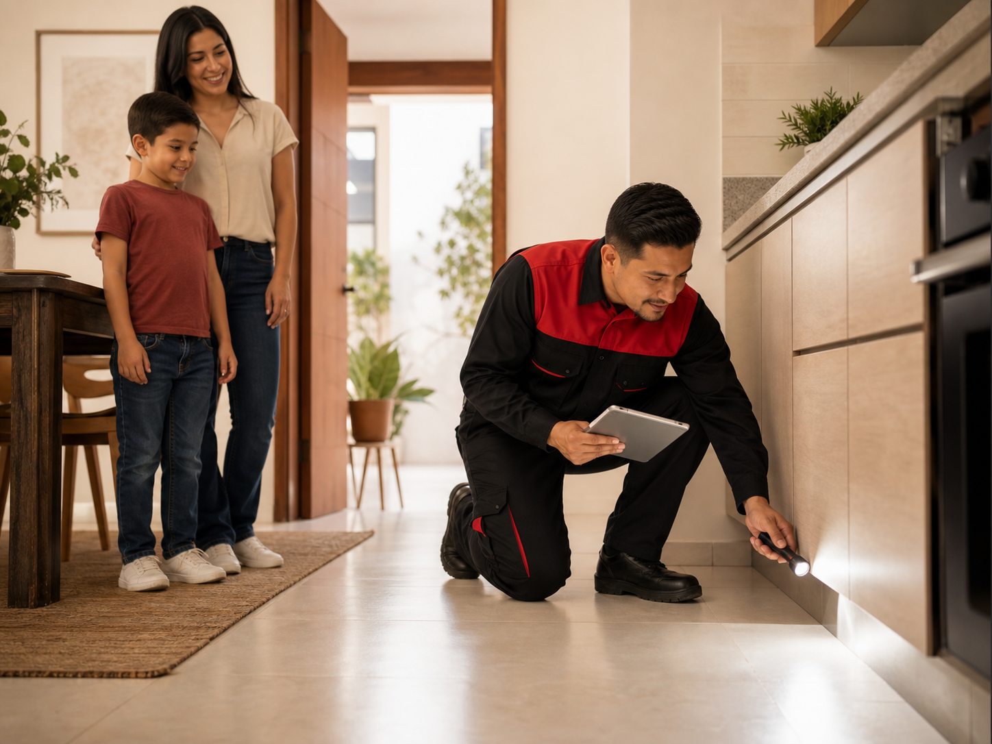 Técnico de Fum-Hogar inspeccionando un hogar con la familia presente